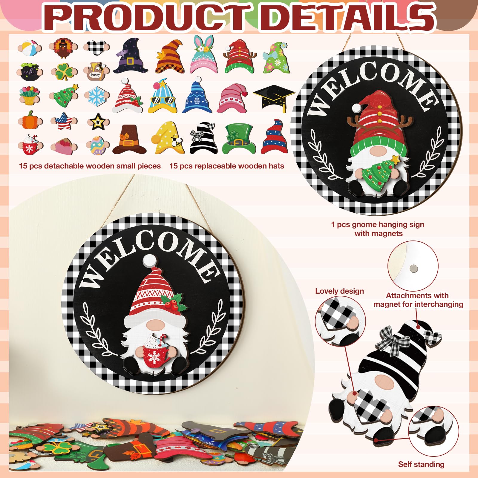 Gejoy Interchangeable Gnome Decor Halloween Welcome Sign Wooden Sign With Detachable Gnome Hats Magnet Wall Hanging For Home Graden Porch Halloween Christmas Thanksgiving Autumn Party, Season Gnomes Decor, Housewarming Gift, Door Wreath
