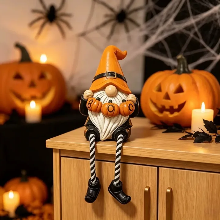 Spooky Halloween Gnome Ornaments Set, Hand-Painted Resin Figurines with Crow, Pumpkin, Black Cat Designs, Cute Fall Table Decor for Home Mantel Shelf - Ideal Gift for Indoor Recreation