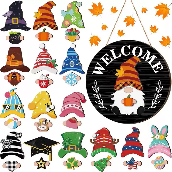 Gejoy Interchangeable Gnome Decor Halloween Welcome Sign Wooden Sign With Detachable Gnome Hats Magnet Wall Hanging For Home Graden Porch Halloween Christmas Thanksgiving Autumn Party, Season Gnomes Decor, Housewarming Gift, Door Wreath