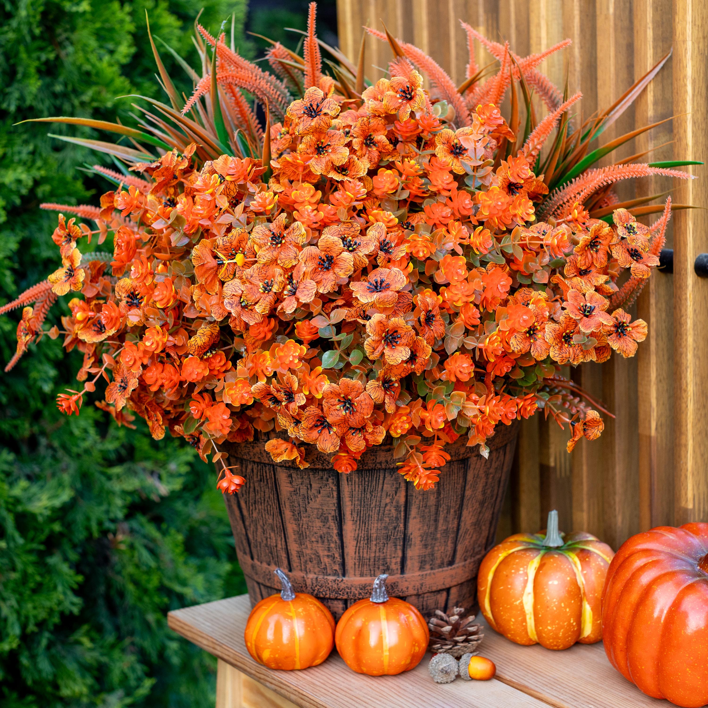 12 Bundles Orange Faux Fall Mums, UV Resistant Artificial Outdoor Flowers for Porch Planters