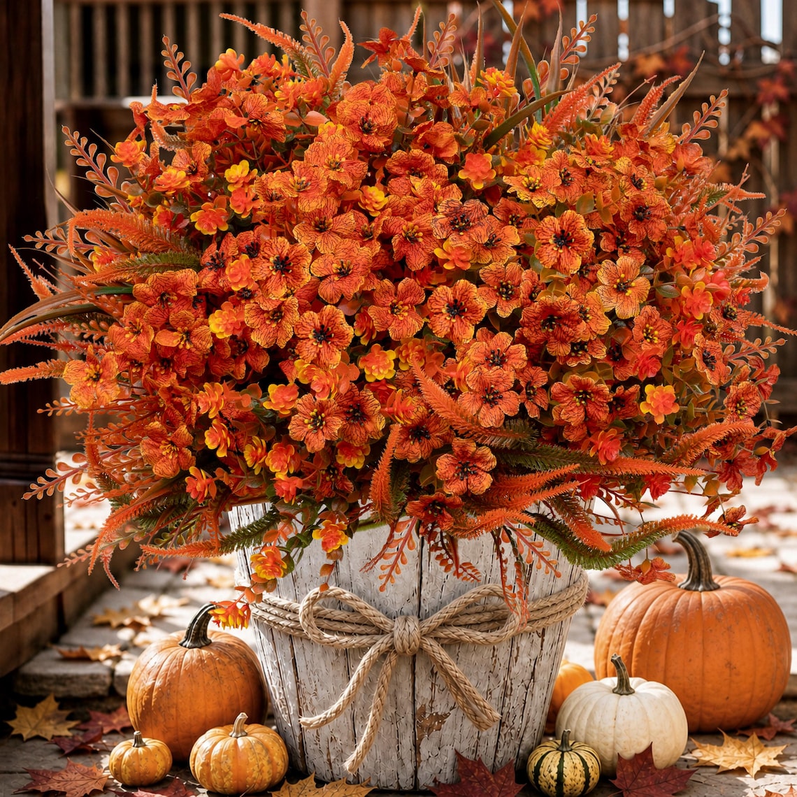 Artificial Mums Flowers: UV Resistant Outdoor Fall Decor - Orange & Green image 1
