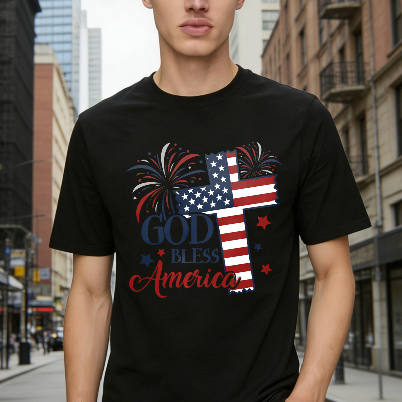 American Flag Cross Fireworks God Bless America Unisex Classic T-shirt
