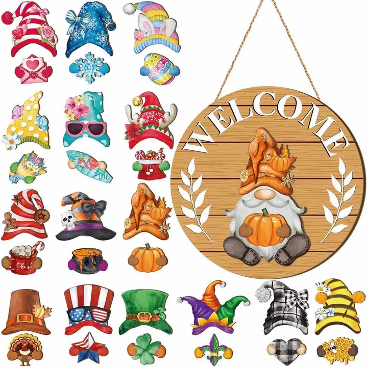 Gejoy Interchangeable Gnome Decor Halloween Welcome Sign Wooden Sign With Detachable Gnome Hats Magnet Wall Hanging For Home Graden Porch Halloween Christmas Thanksgiving Autumn Party, Season Gnomes Decor, Housewarming Gift, Door Wreath