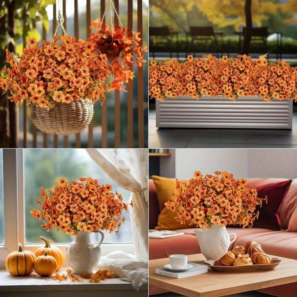 12 Bundles Orange Faux Fall Mums, UV Resistant Artificial Outdoor Flowers for Porch Planters