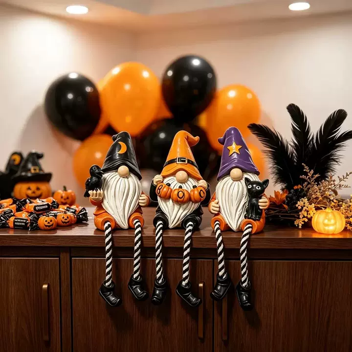 Spooky Halloween Gnome Ornaments Set, Hand-Painted Resin Figurines with Crow, Pumpkin, Black Cat Designs, Cute Fall Table Decor for Home Mantel Shelf - Ideal Gift for Indoor Recreation