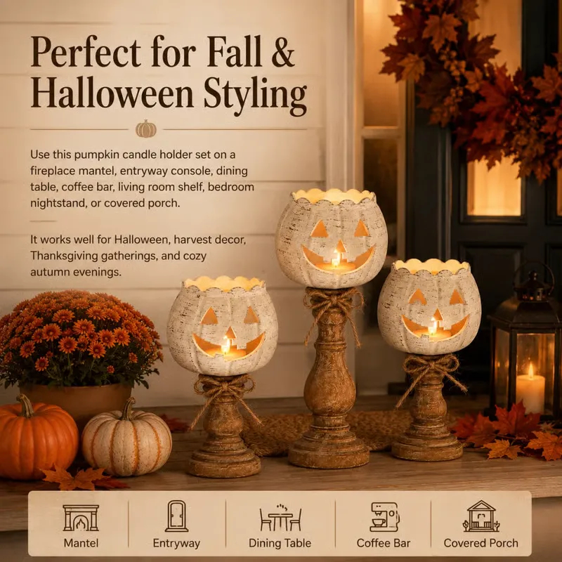 🕯 Set of 3 Rustic White Pumpkin Tealight Candle Holders | Layered Farmhouse Fall Decor For Halloween & Thanksgiving