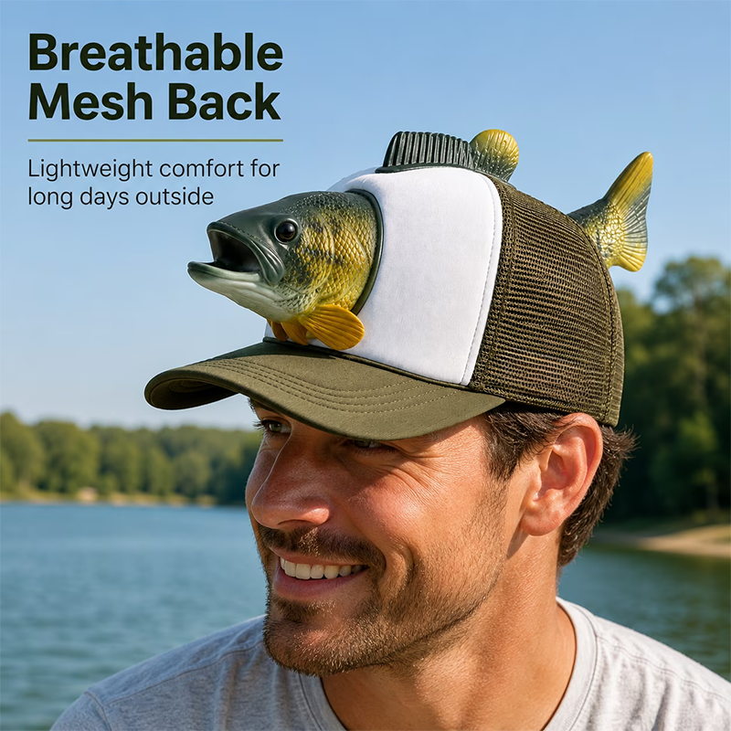Fishing Lover 3D Fish Hat, Novelty Outdoor Adjustable Cap, Unique Trout 3D Design for Anglers, Camping, Hiking, and Fun Gift