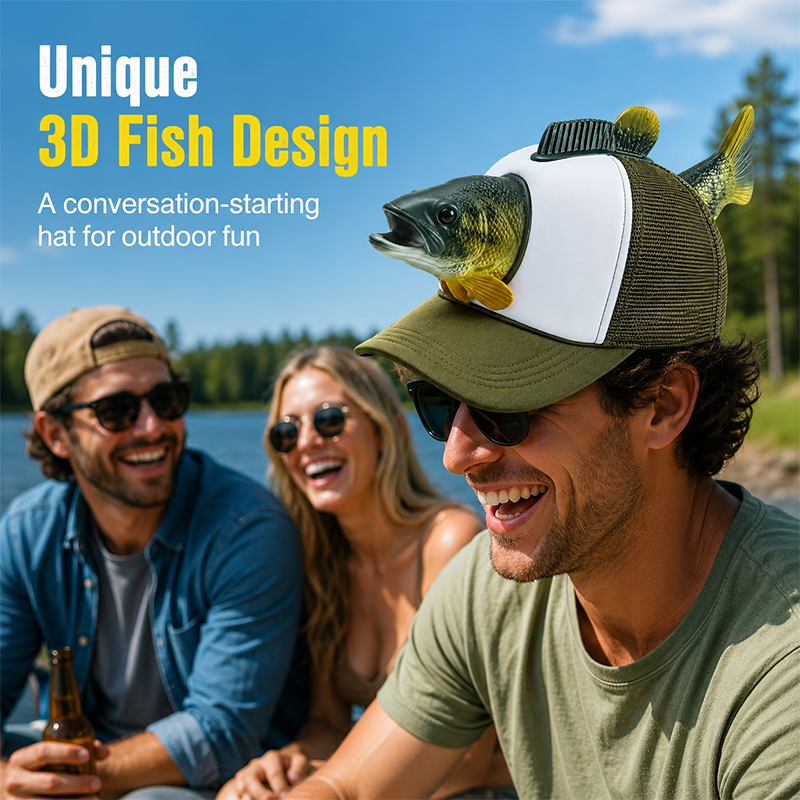 Fishing Lover 3D Fish Hat, Novelty Outdoor Adjustable Cap, Unique Trout 3D Design for Anglers, Camping, Hiking, and Fun Gift