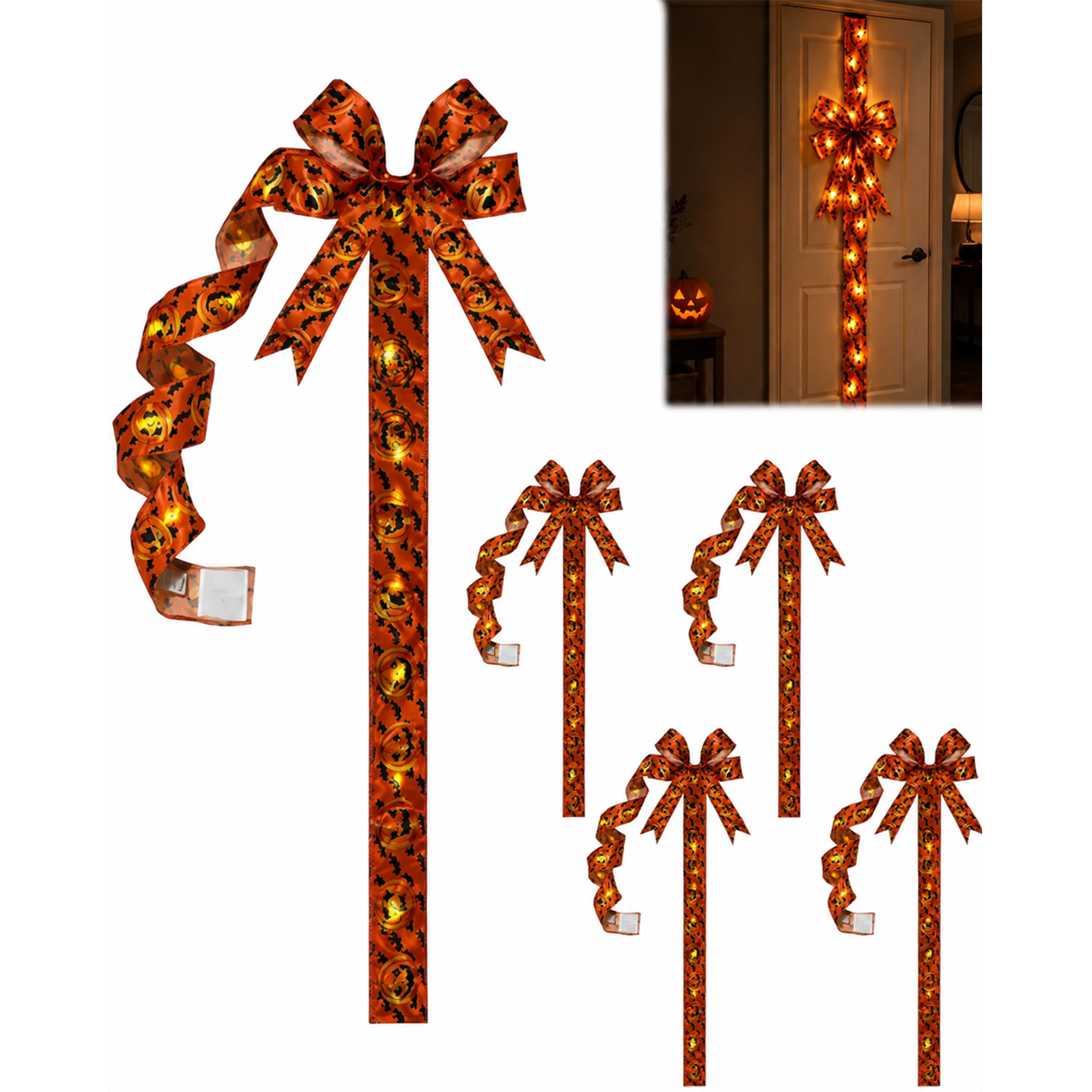 Giant Halloween Light-Up Bow Decoration, Glowing Pumpkin Ribbon Wreath Sash, Bat Bow Tree Topper & Garland, Orange Fall Tassel Skirt for Front Door Indoor Outdoor Party Wall