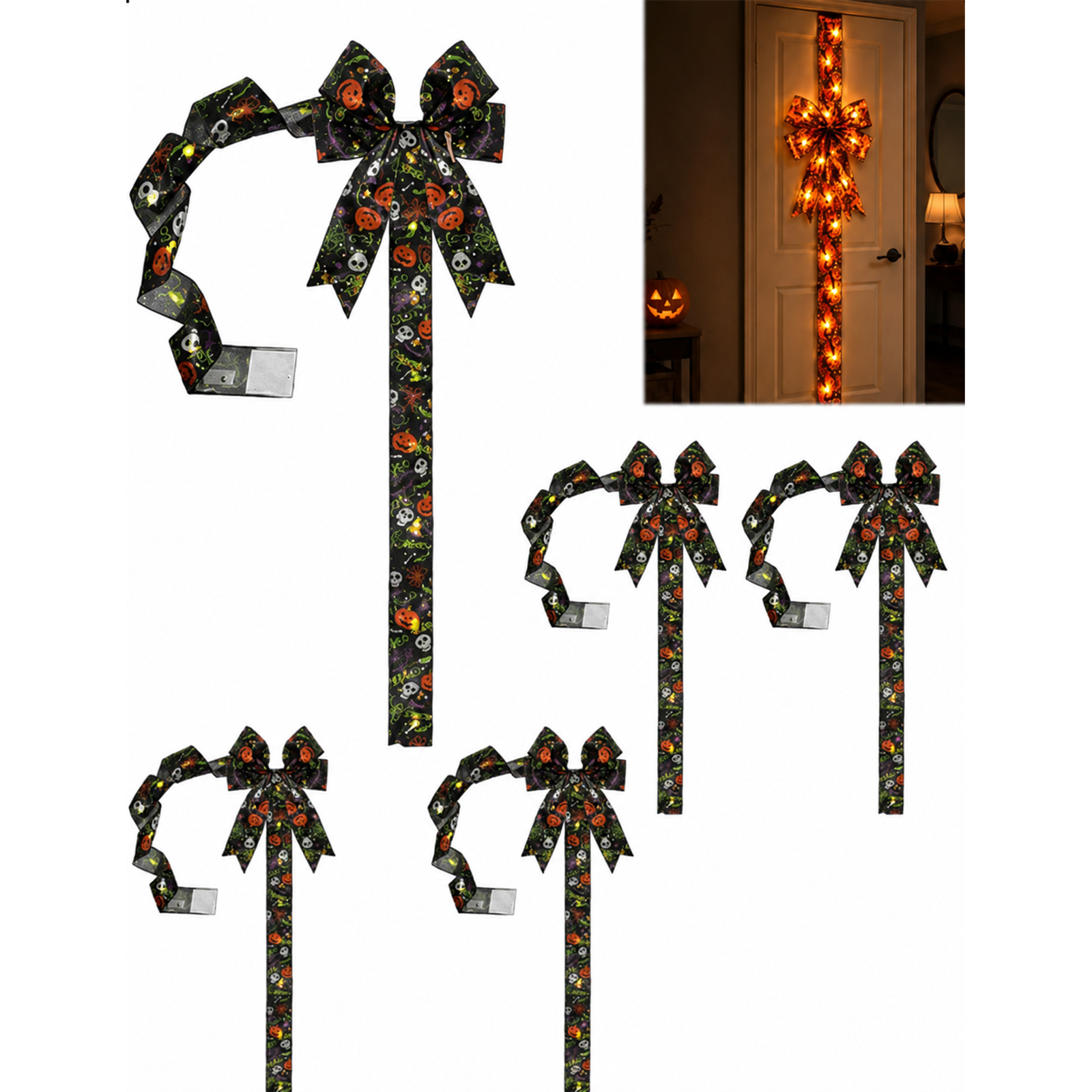 Giant Halloween Light-Up Bow Decoration, Glowing Pumpkin Ribbon Wreath Sash, Bat Bow Tree Topper & Garland, Orange Fall Tassel Skirt for Front Door Indoor Outdoor Party Wall