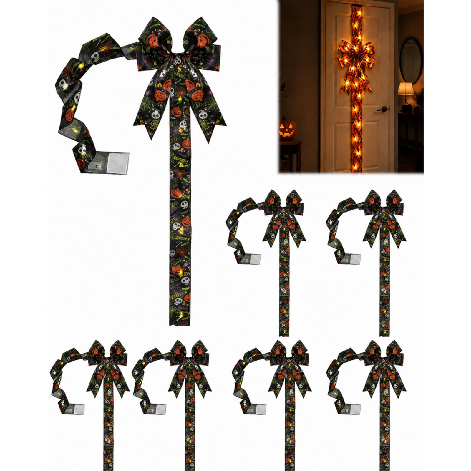 Giant Halloween Light-Up Bow Decoration, Glowing Pumpkin Ribbon Wreath Sash, Bat Bow Tree Topper & Garland, Orange Fall Tassel Skirt for Front Door Indoor Outdoor Party Wall