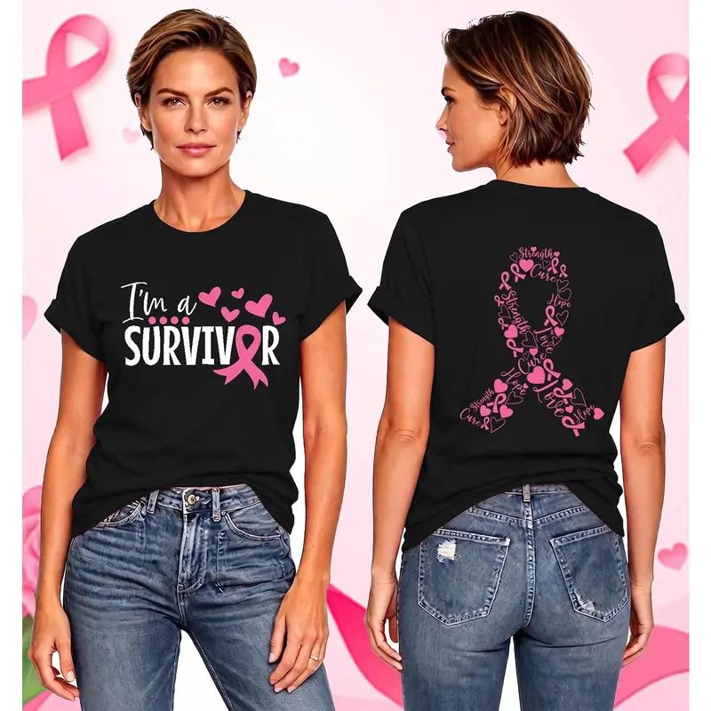Women's Pink Ribbon & Heart T-shirt, Breast Cancer Awareness Shirt