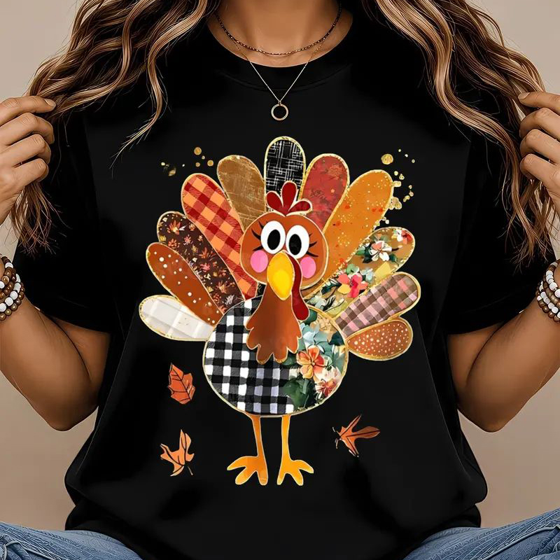 Thanksgiving Patchwork Turkey Shirt, Cute Mixed Print Turkey Maple Leaf Graphic T-shirt, Fall Harvest Casual Tee