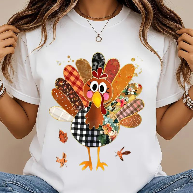 Thanksgiving Patchwork Turkey Shirt, Cute Mixed Print Turkey Maple Leaf Graphic T-shirt, Fall Harvest Casual Tee