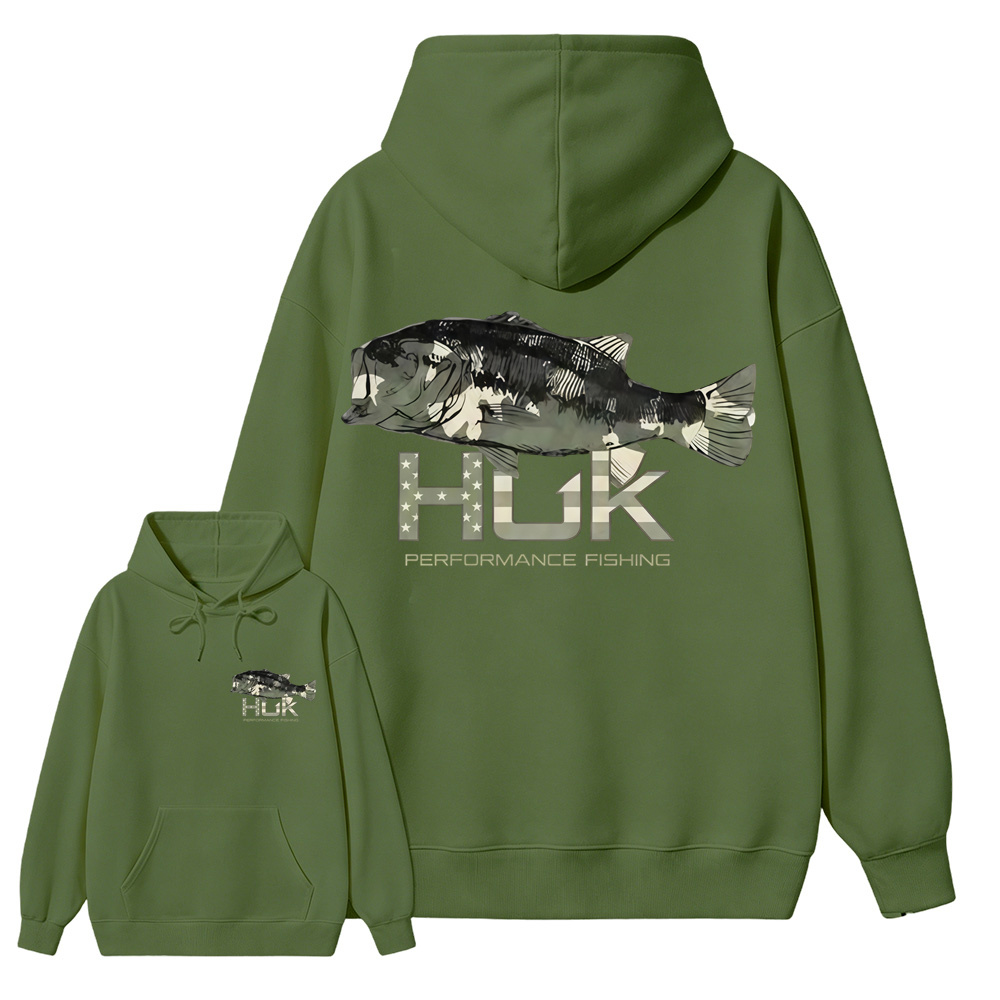 HUK Performance Fishing Hoodie, Camo Bass Graphic Outdoor Fishing Hoodie