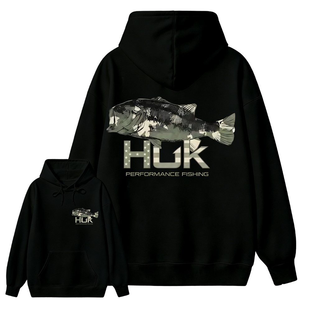 HUK Performance Fishing Hoodie, Camo Bass Graphic Outdoor Fishing Hoodie