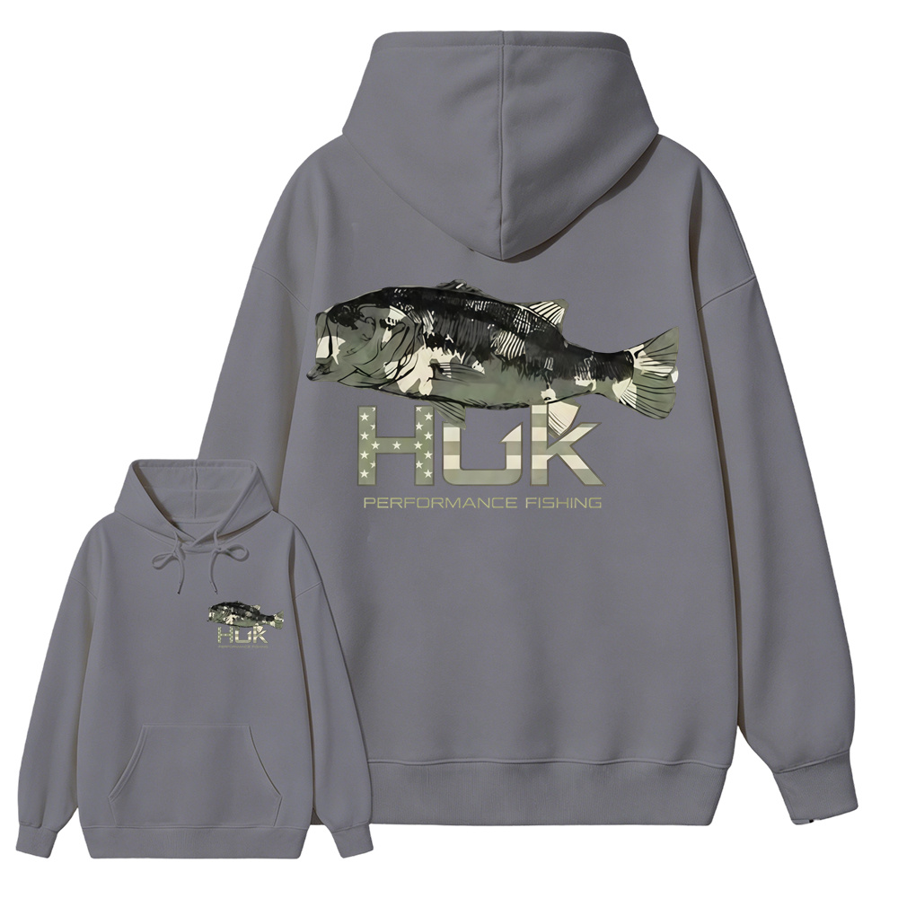 HUK Performance Fishing Hoodie, Camo Bass Graphic Outdoor Fishing Hoodie
