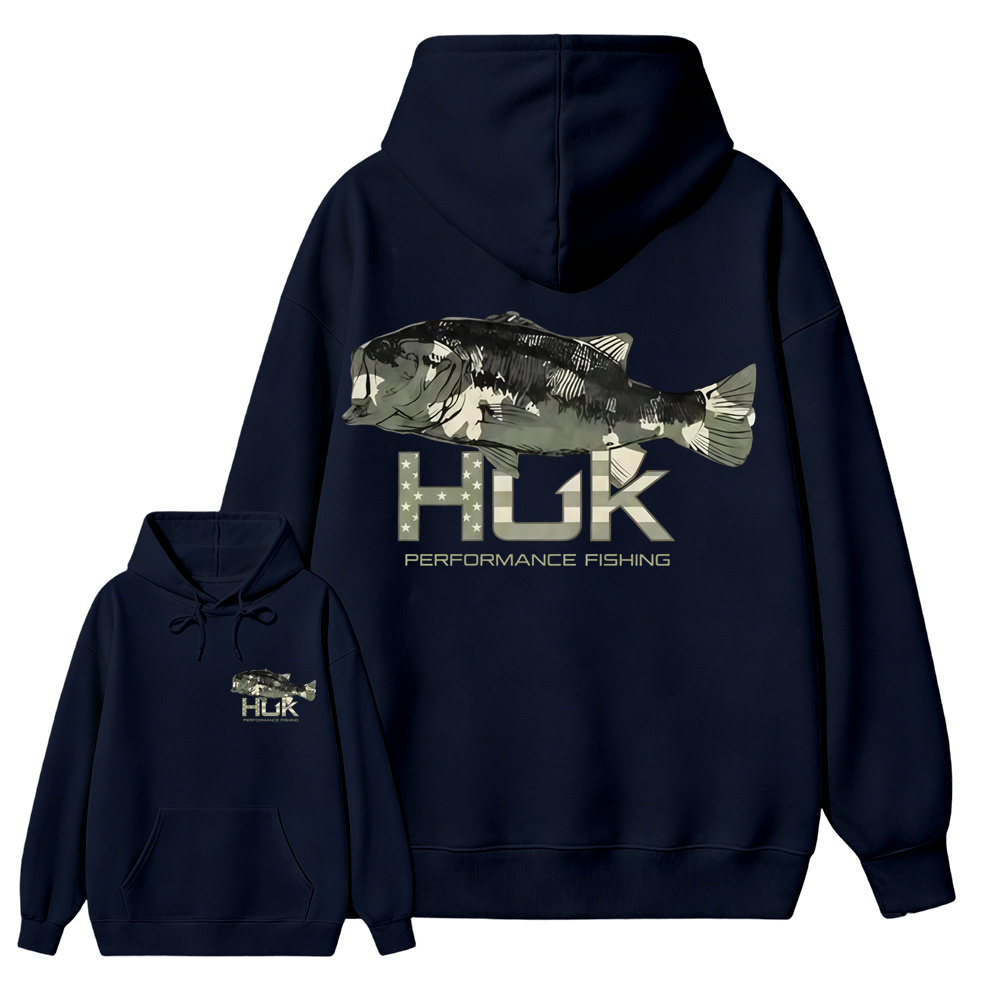 HUK Performance Fishing Hoodie, Camo Bass Graphic Outdoor Fishing Hoodie