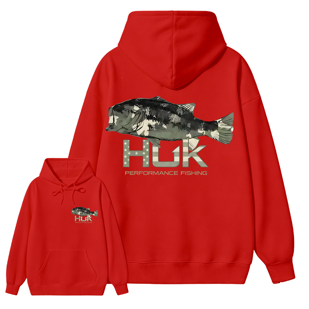 HUK Performance Fishing Hoodie, Camo Bass Graphic Outdoor Fishing Hoodie