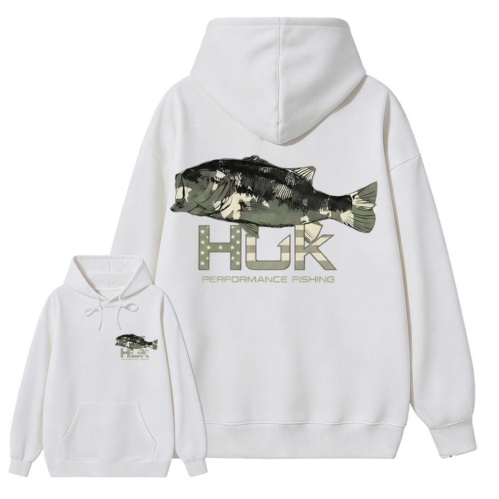 HUK Performance Fishing Hoodie, Camo Bass Graphic Outdoor Fishing Hoodie