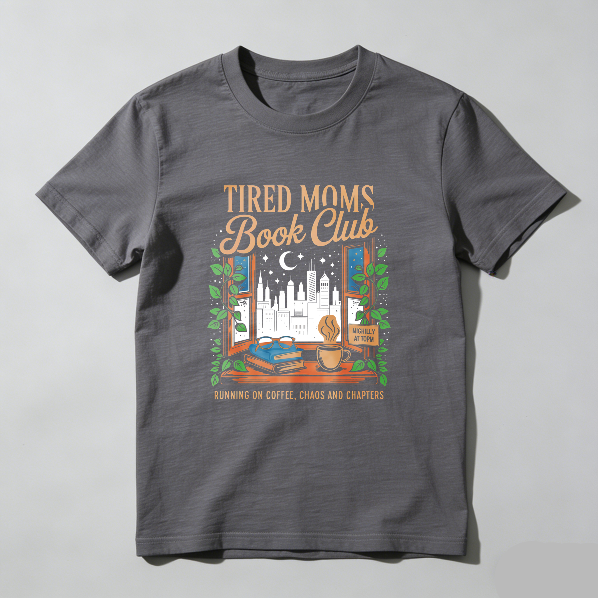 Wardrobecart Tired Moms Book Club Window Scene Coffee Cup Books Cityscape Moon Stars Leaves tshirt