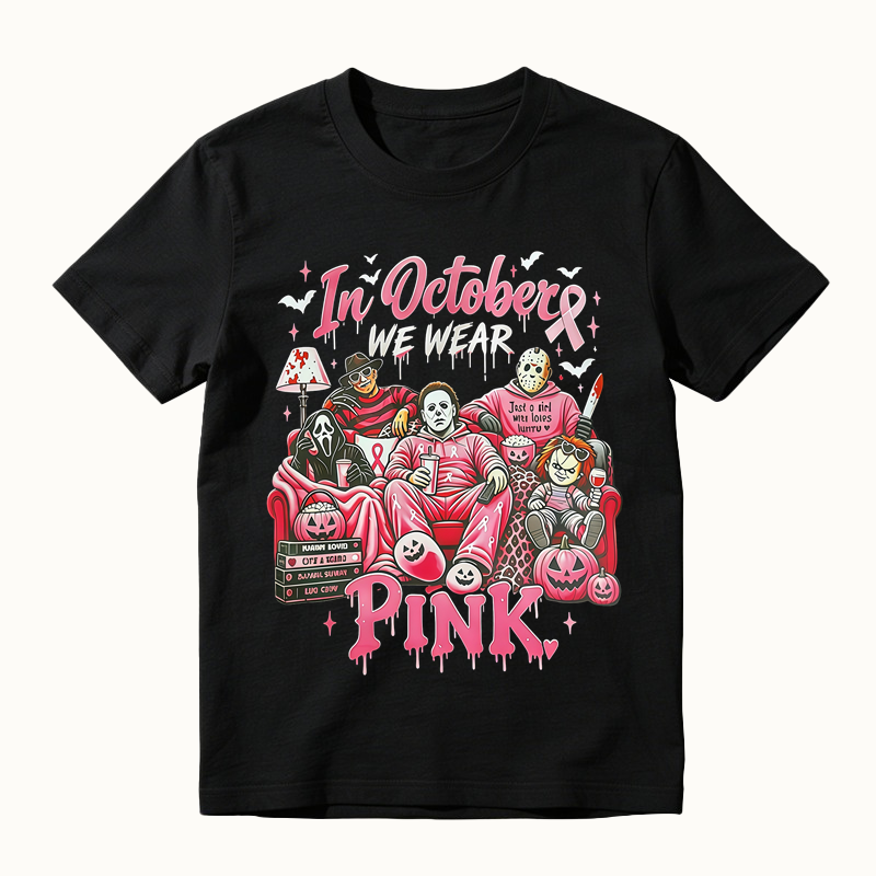 In October We Wear Pink Horror Movie Characters Print Breast Cancer Awareness Graphic T-Shirt
