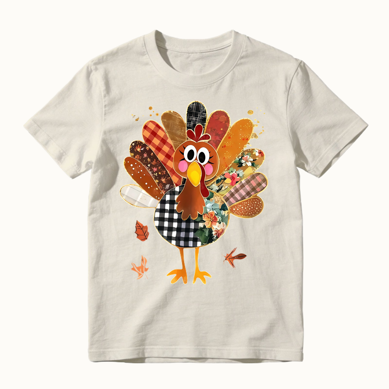 Thanksgiving Patchwork Turkey Shirt, Cute Mixed Print Turkey Maple Leaf Graphic T-shirt, Fall Harvest Casual Tee