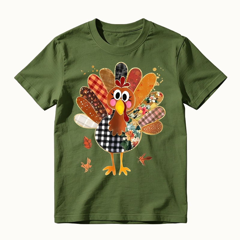 Thanksgiving Patchwork Turkey Shirt, Cute Mixed Print Turkey Maple Leaf Graphic T-shirt, Fall Harvest Casual Tee