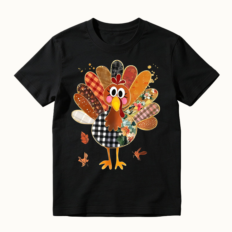 Thanksgiving Patchwork Turkey Shirt, Cute Mixed Print Turkey Maple Leaf Graphic T-shirt, Fall Harvest Casual Tee