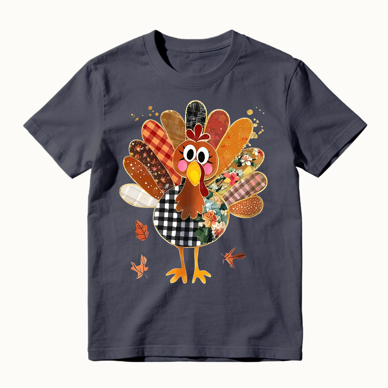 Thanksgiving Patchwork Turkey Shirt, Cute Mixed Print Turkey Maple Leaf Graphic T-shirt, Fall Harvest Casual Tee