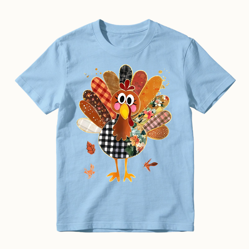 Thanksgiving Patchwork Turkey Shirt, Cute Mixed Print Turkey Maple Leaf Graphic T-shirt, Fall Harvest Casual Tee