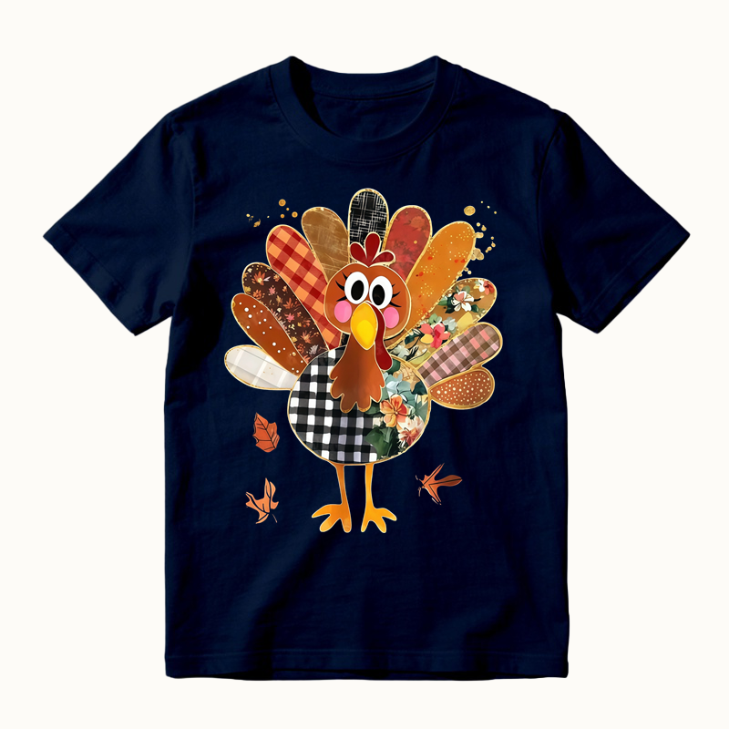 Thanksgiving Patchwork Turkey Shirt, Cute Mixed Print Turkey Maple Leaf Graphic T-shirt, Fall Harvest Casual Tee