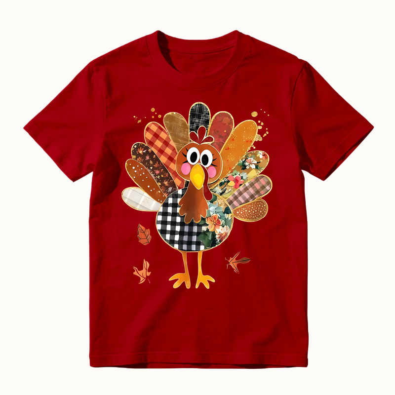 Thanksgiving Patchwork Turkey Shirt, Cute Mixed Print Turkey Maple Leaf Graphic T-shirt, Fall Harvest Casual Tee