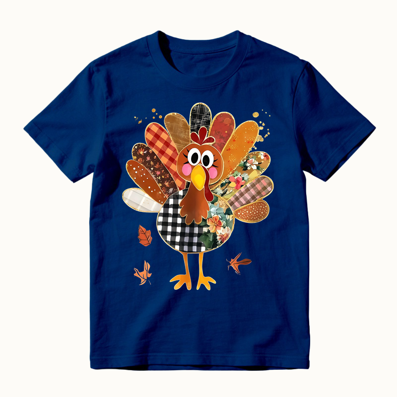 Thanksgiving Patchwork Turkey Shirt, Cute Mixed Print Turkey Maple Leaf Graphic T-shirt, Fall Harvest Casual Tee