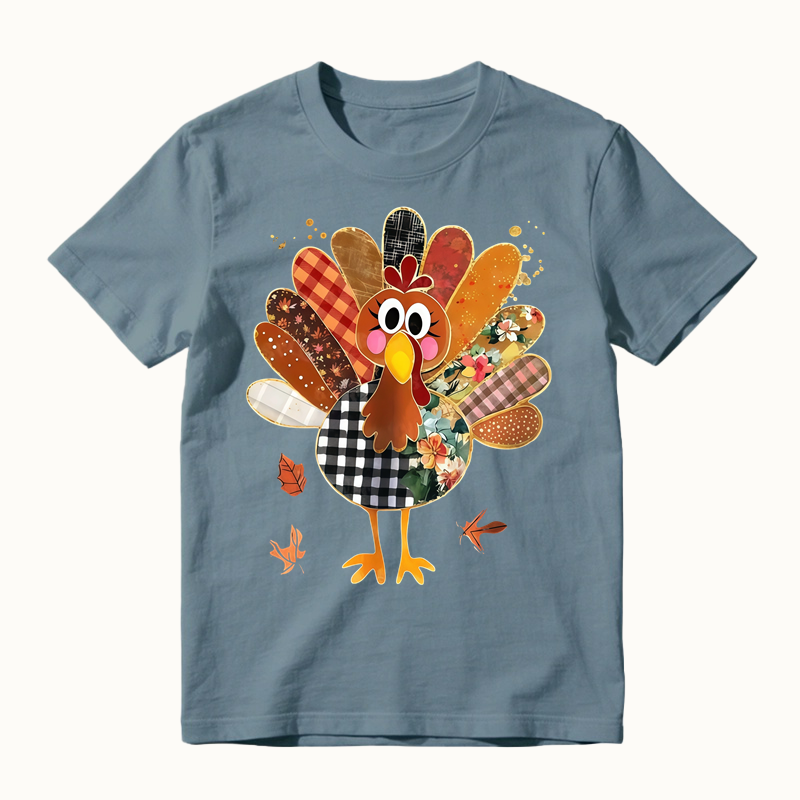 Thanksgiving Patchwork Turkey Shirt, Cute Mixed Print Turkey Maple Leaf Graphic T-shirt, Fall Harvest Casual Tee