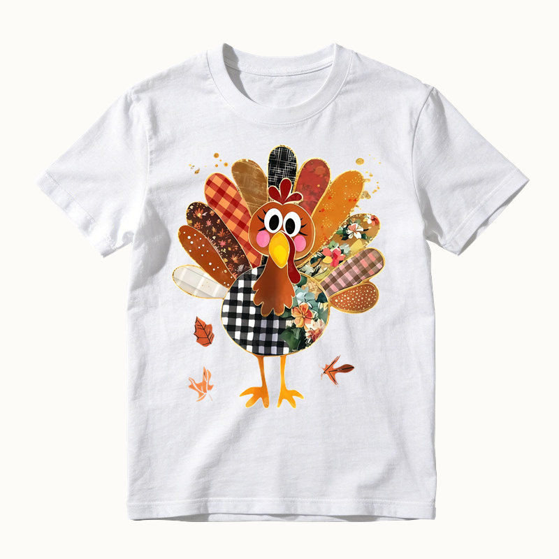 Thanksgiving Patchwork Turkey Shirt, Cute Mixed Print Turkey Maple Leaf Graphic T-shirt, Fall Harvest Casual Tee