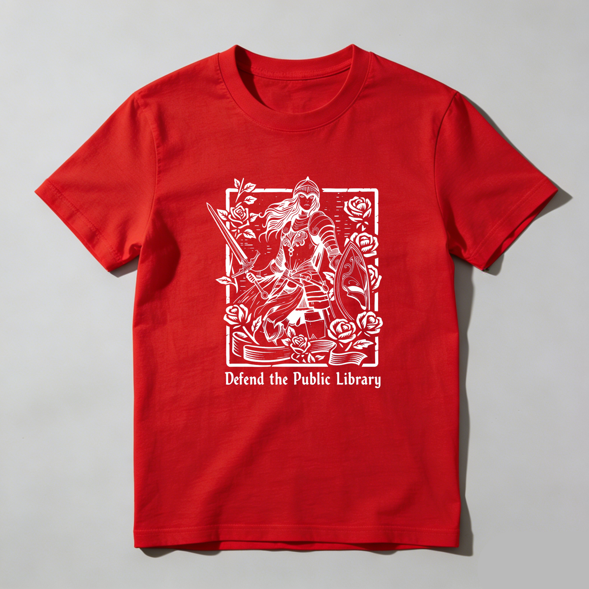 Wardrobecart Defend The Public Library Warrior With Sword And Roses tshirt
