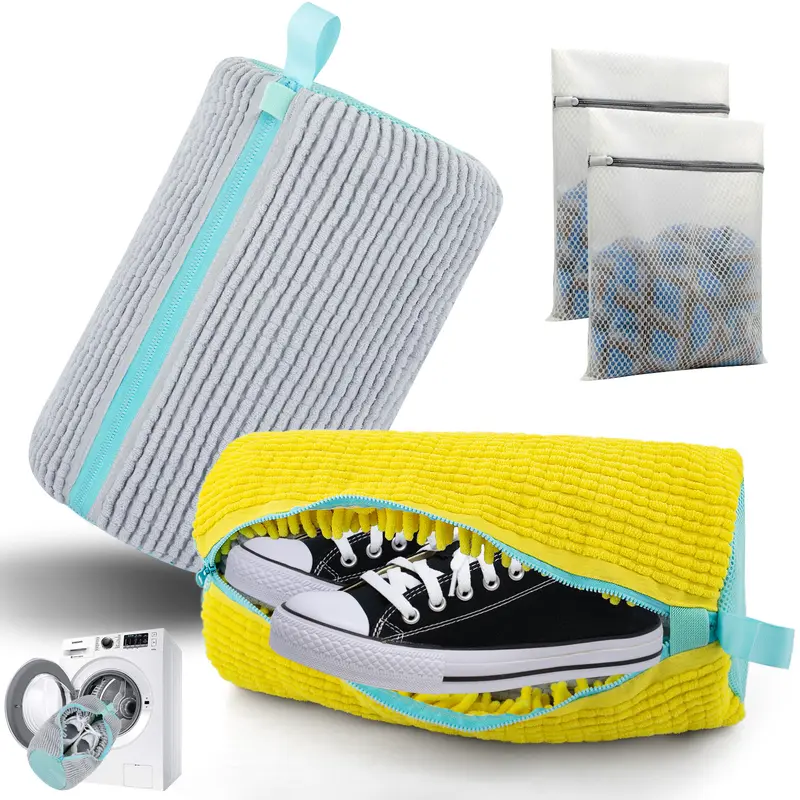 Premium Chenille Shoe Washing Bag for Washing Machine, Heavy Duty Microfiber Sneaker Cleaner & Protection Pouch, Anti-Deformation Laundry Bag for Gym Shoes 