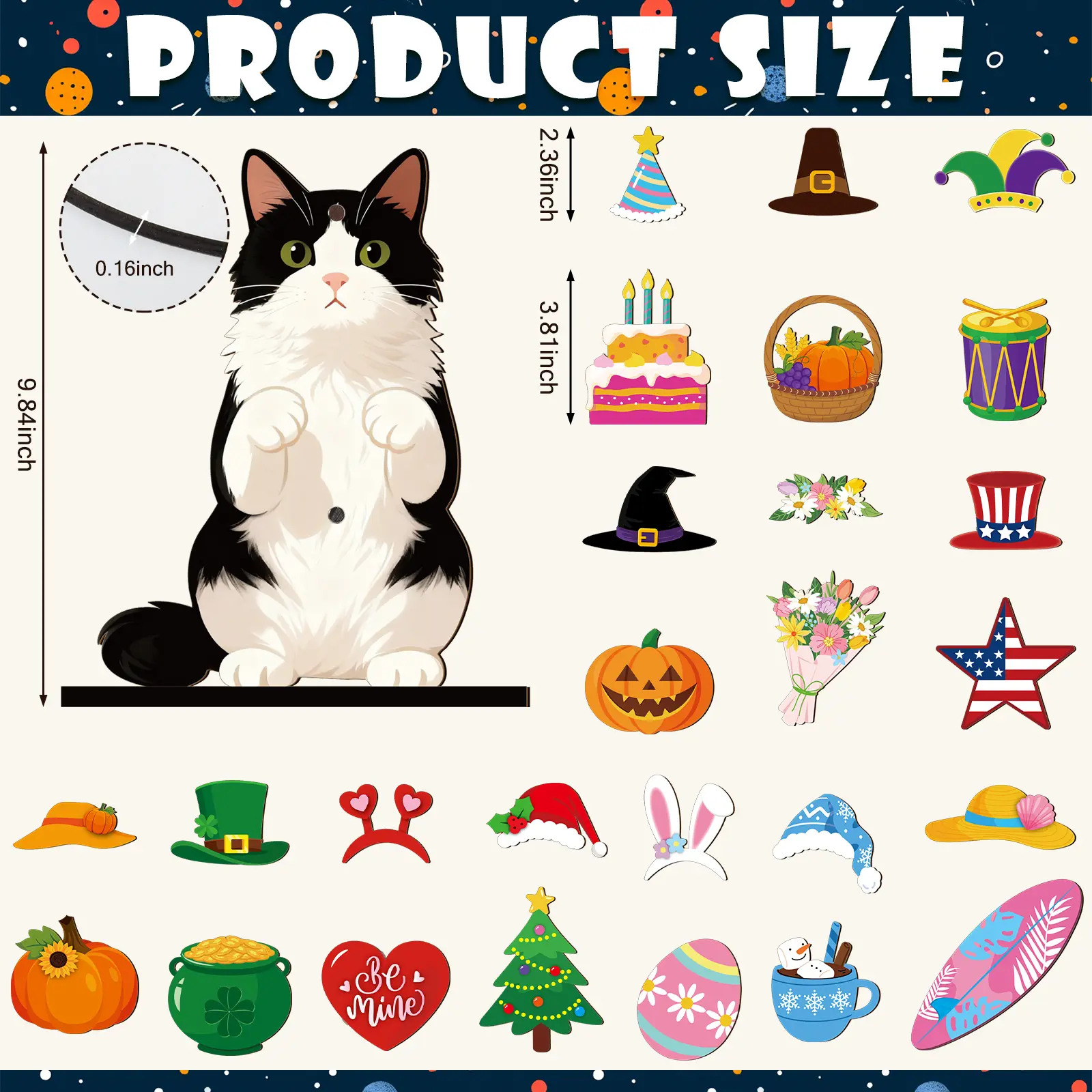 Pat Sign Gift Halloween Decor Cat Ornaments Wooden Sign Cat Desk Decor Interchangeable Pet Decor with Magnet Detachable Hats for Summer Halloween Autumn Holiday Seasonal Birthday Party, Gift for Pet Owning Families and Cat Lovers