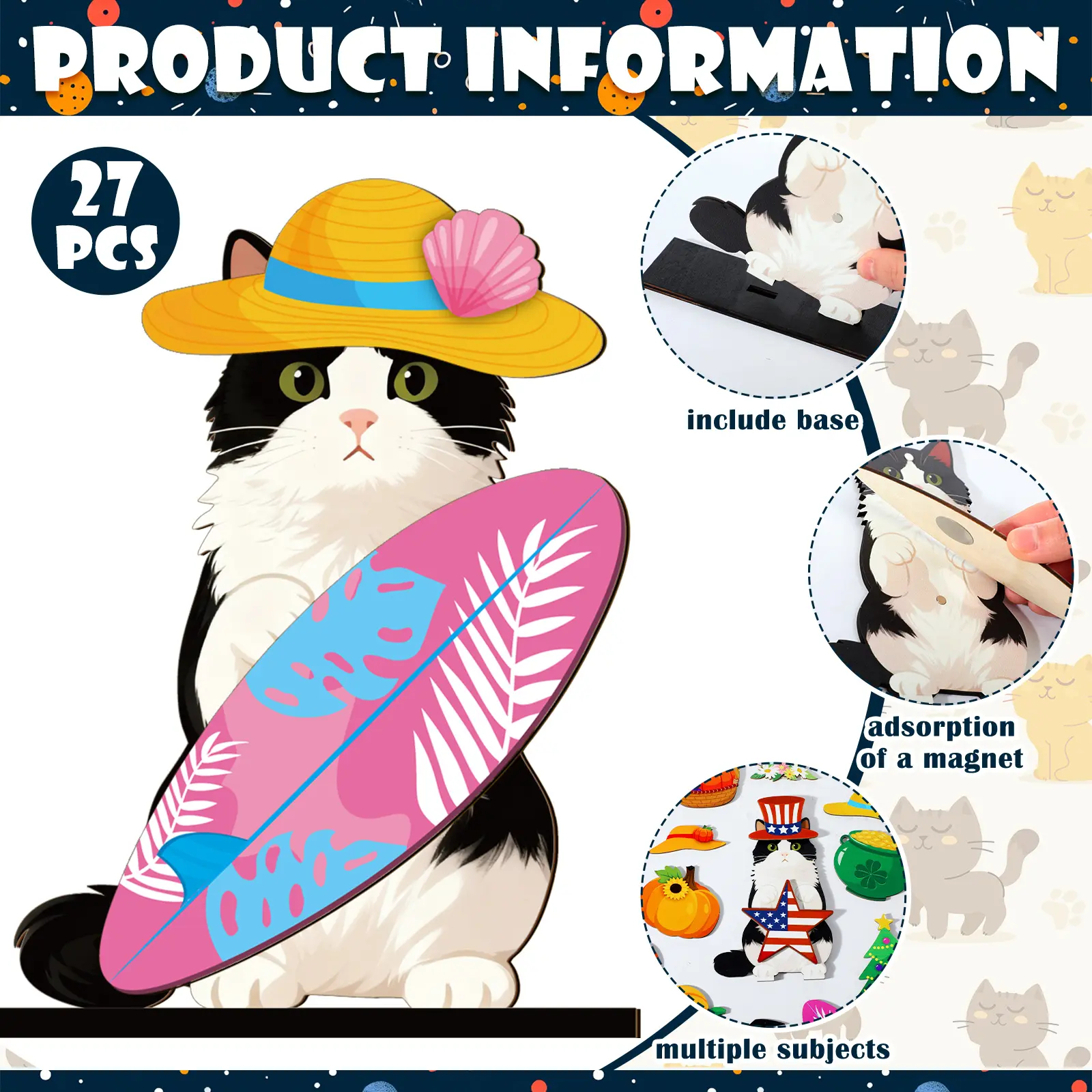 Pat Sign Gift Halloween Decor Cat Ornaments Wooden Sign Cat Desk Decor Interchangeable Pet Decor with Magnet Detachable Hats for Summer Halloween Autumn Holiday Seasonal Birthday Party, Gift for Pet Owning Families and Cat Lovers