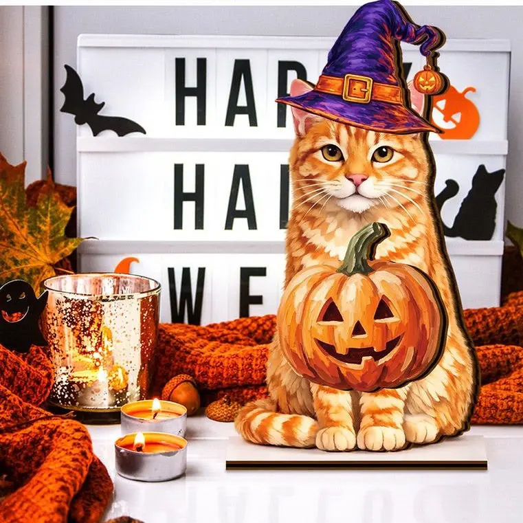Pat Sign Gift Halloween Decor Cat Ornaments Wooden Sign Cat Desk Decor Interchangeable Pet Decor with Magnet Detachable Hats for Summer Halloween Autumn Holiday Seasonal Birthday Party, Gift for Pet Owning Families and Cat Lovers