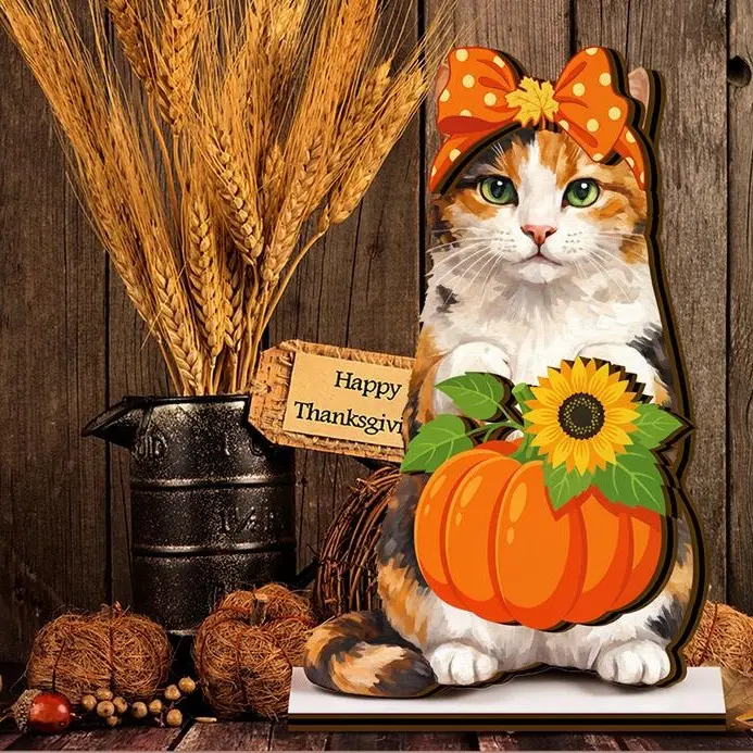Pat Sign Gift Halloween Decor Cat Ornaments Wooden Sign Cat Desk Decor Interchangeable Pet Decor with Magnet Detachable Hats for Summer Halloween Autumn Holiday Seasonal Birthday Party, Gift for Pet Owning Families and Cat Lovers