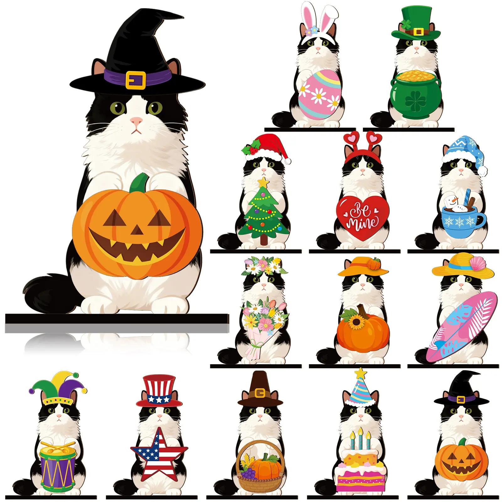 Pat Sign Gift Halloween Decor Cat Ornaments Wooden Sign Cat Desk Decor Interchangeable Pet Decor with Magnet Detachable Hats for Summer Halloween Autumn Holiday Seasonal Birthday Party, Gift for Pet Owning Families and Cat Lovers