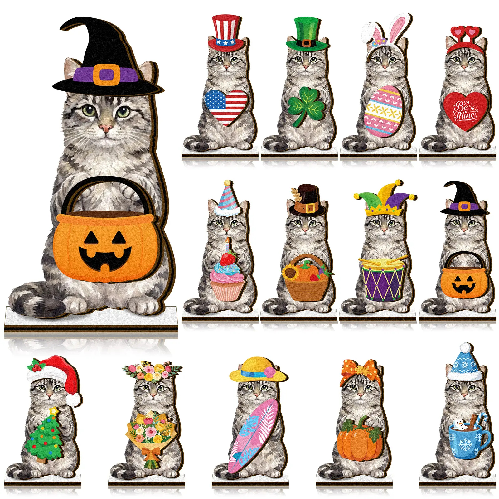 Pat Sign Gift Halloween Decor Cat Ornaments Wooden Sign Cat Desk Decor Interchangeable Pet Decor with Magnet Detachable Hats for Summer Halloween Autumn Holiday Seasonal Birthday Party, Gift for Pet Owning Families and Cat Lovers