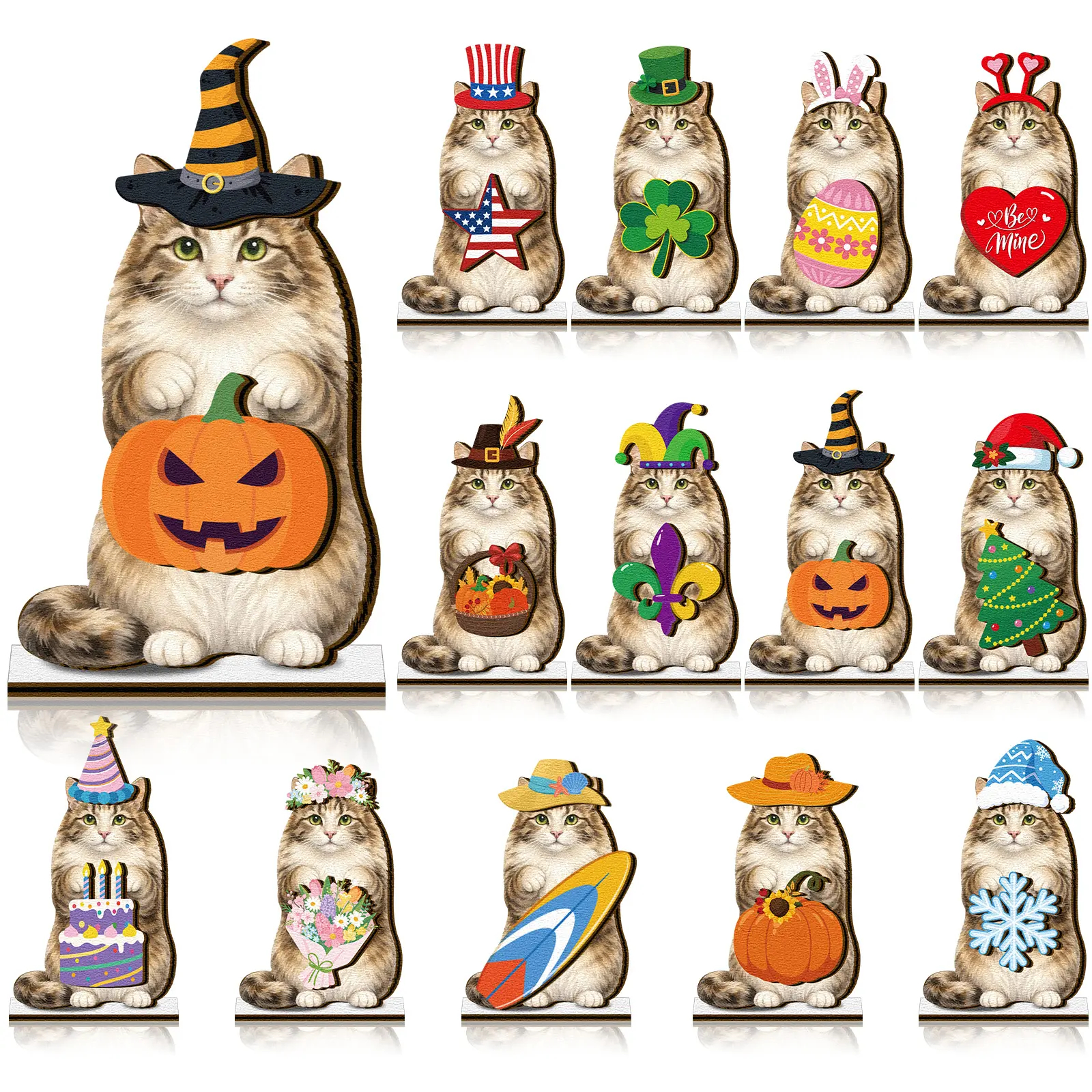 Pat Sign Gift Halloween Decor Cat Ornaments Wooden Sign Cat Desk Decor Interchangeable Pet Decor with Magnet Detachable Hats for Summer Halloween Autumn Holiday Seasonal Birthday Party, Gift for Pet Owning Families and Cat Lovers