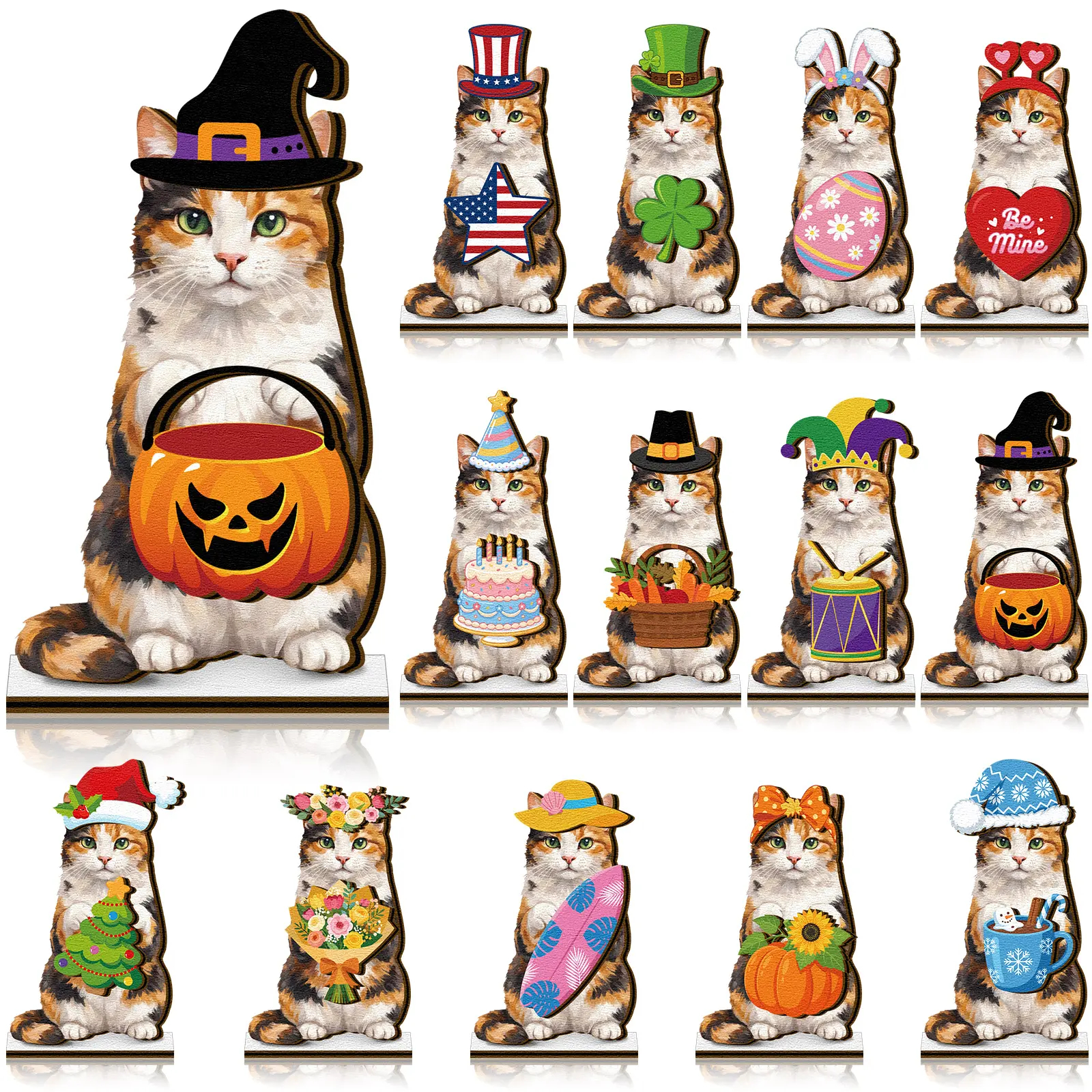 Pat Sign Gift Halloween Decor Cat Ornaments Wooden Sign Cat Desk Decor Interchangeable Pet Decor with Magnet Detachable Hats for Summer Halloween Autumn Holiday Seasonal Birthday Party, Gift for Pet Owning Families and Cat Lovers