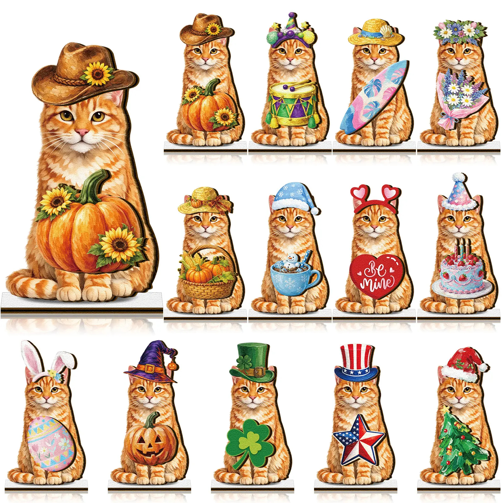 Pat Sign Gift Halloween Decor Cat Ornaments Wooden Sign Cat Desk Decor Interchangeable Pet Decor with Magnet Detachable Hats for Summer Halloween Autumn Holiday Seasonal Birthday Party, Gift for Pet Owning Families and Cat Lovers