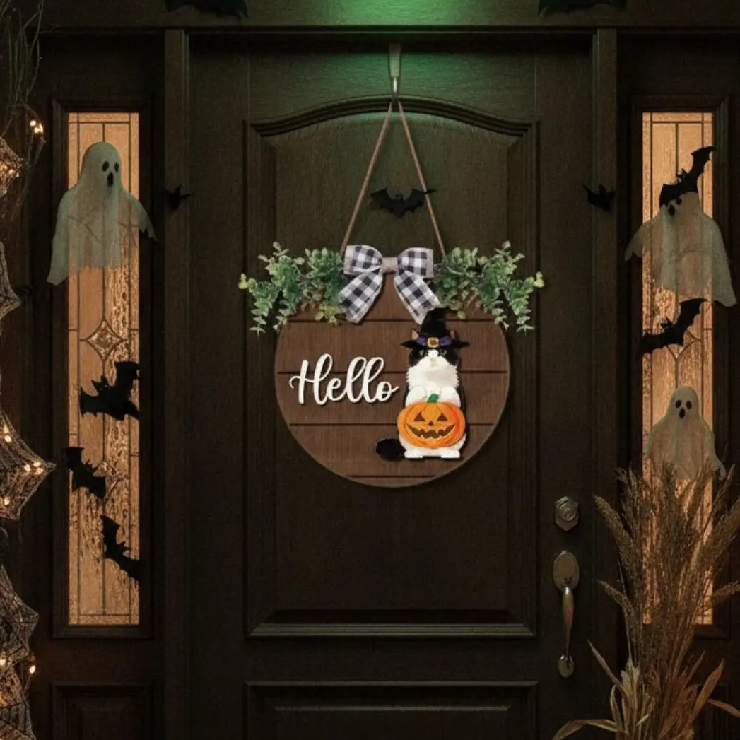 Halloween Cat Sign Interchangeable Welcome Sign Cute Cat and Dog Season Hanging Decor with Magnetic Detachable Hats Round Hanger for Home Wall Garden Porch Door, Housewarming Gift, Gift for Animal Cat Lover