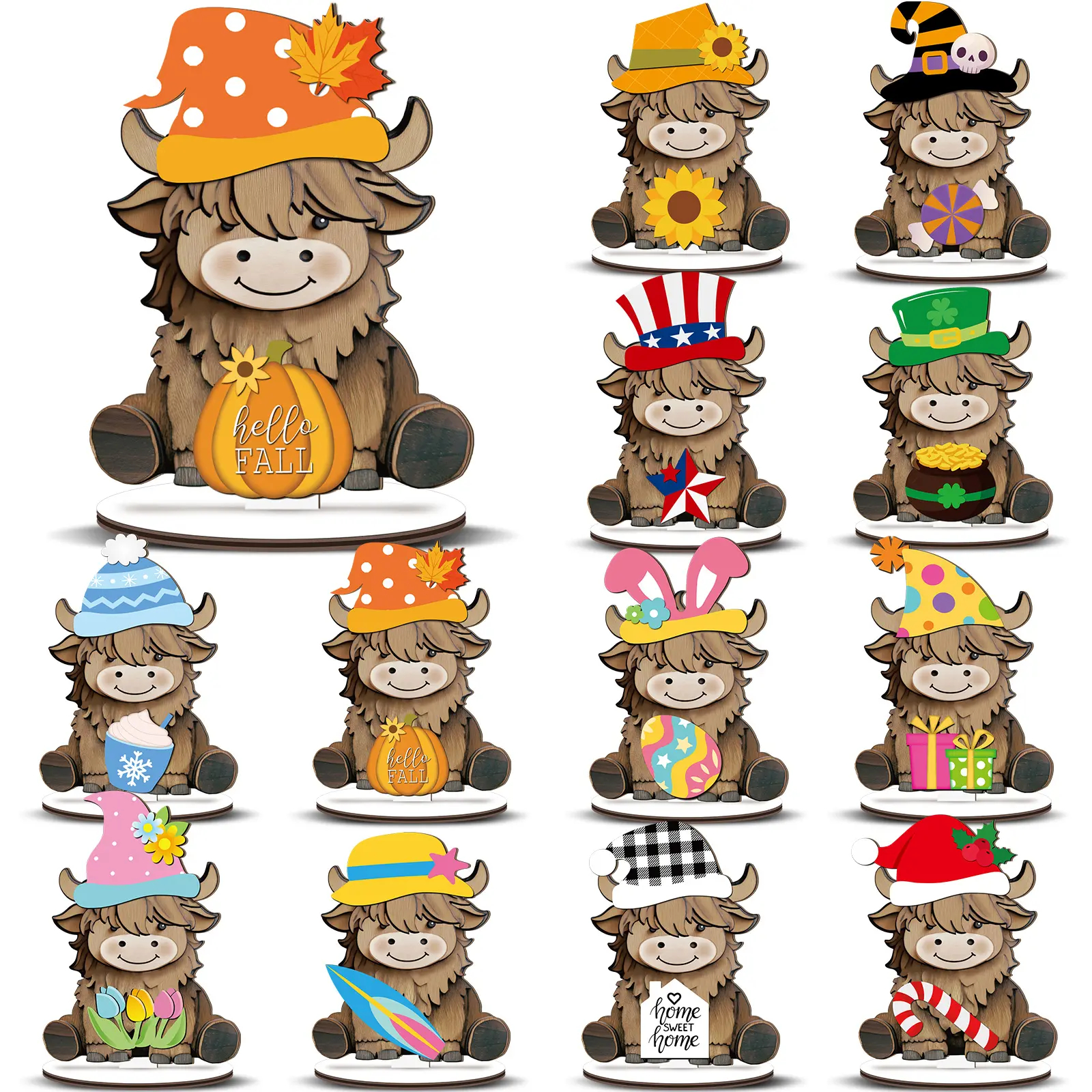 Pat Sign Gift Halloween Decor Cat Ornaments Wooden Sign Cat Desk Decor Interchangeable Pet Decor with Magnet Detachable Hats for Summer Halloween Autumn Holiday Seasonal Birthday Party, Gift for Pet Owning Families and Cat Lovers