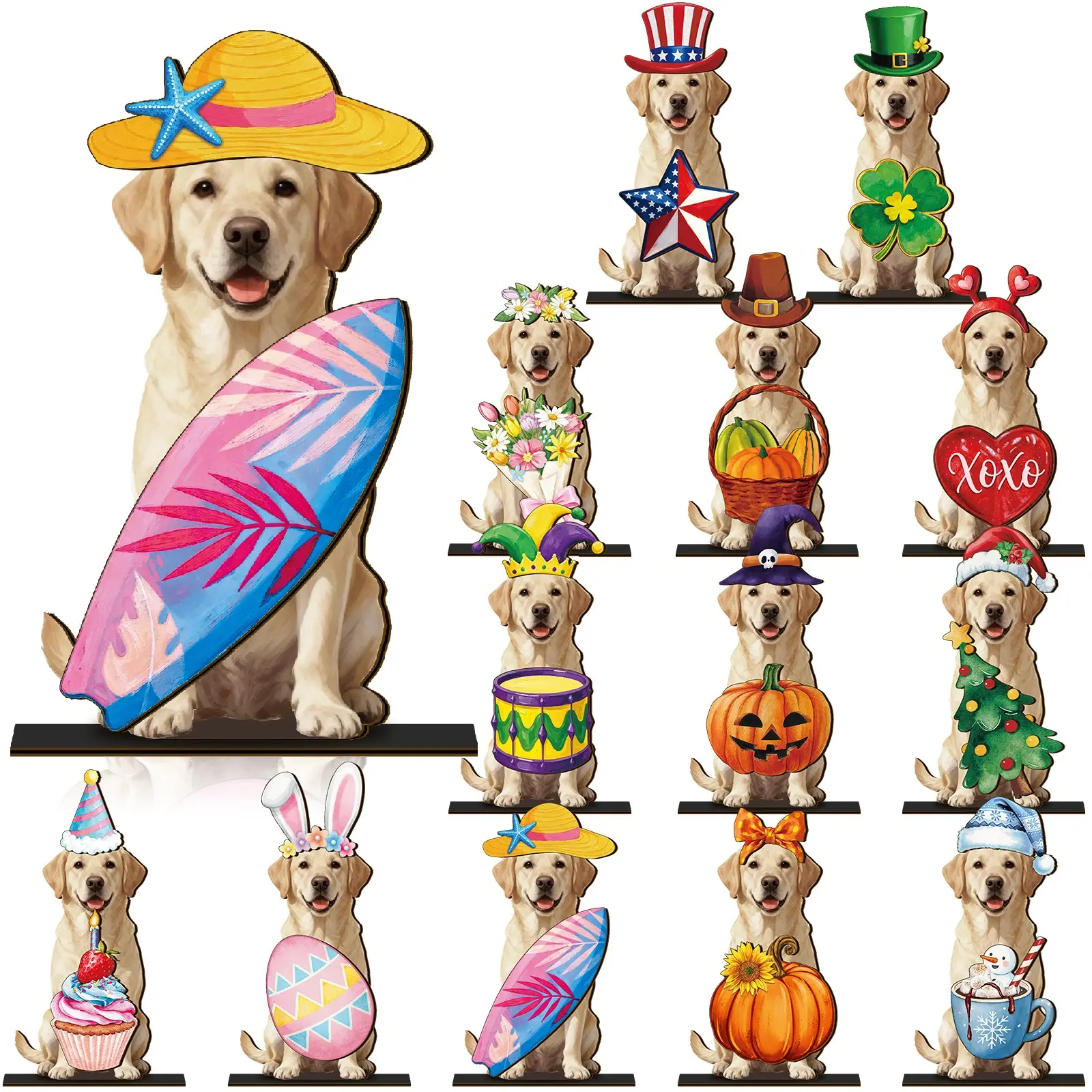 Pat Sign Gift Halloween Decor Cat Ornaments Wooden Sign Cat Desk Decor Interchangeable Pet Decor with Magnet Detachable Hats for Summer Halloween Autumn Holiday Seasonal Birthday Party, Gift for Pet Owning Families and Cat Lovers